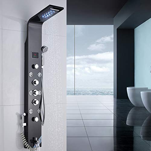 Rozin Edelstahl Duschpaneel LED Duschset Duscharmatur 6 Funktion Wassertemperatur Display mit Regenduschkopf Wasserfallduschkopf 8 Massagedüse ABS Handbrause, Badewanne Wasserhahn und Bidet Schwarz von ROZIN