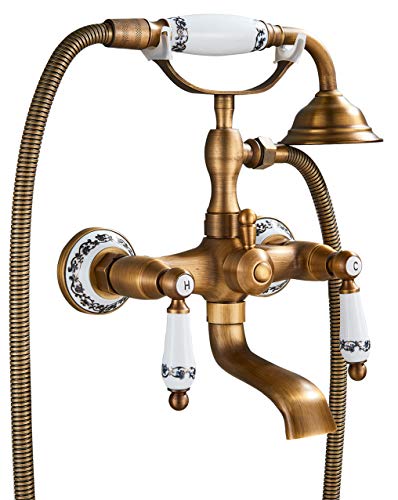 Rozin Badewannenarmatur mit Handbrause Messing Wandhalterung Duschbrause Zwei Keramik Griffe Nostalgie Vintage Design Badewanne Wasserhahn von ROZIN
