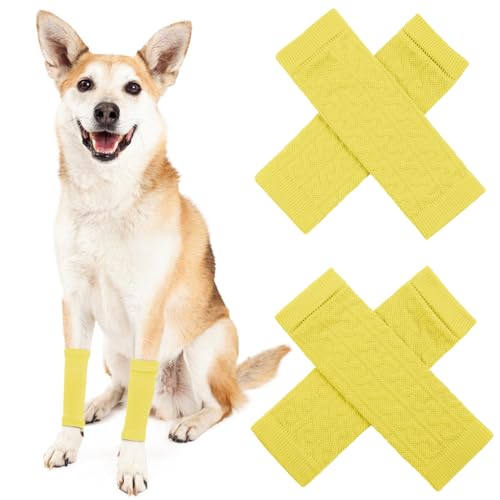 ROZKITCH Ellenbogenschutz für Hunde, 2 Stück Vorderbein- und 2 Hinterbeinbandage, Hunde-Ellenbogenbandage, Beinwärmer, Wickelschutz, elastische gestrickte atmungsaktive Schutzsocke, Gelb, Größe M von ROZKITCH