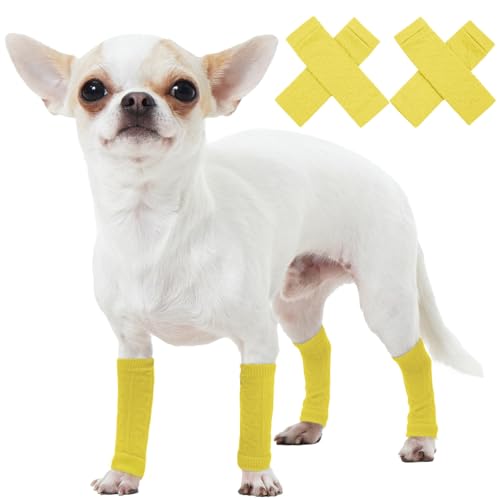 ROZKITCH Ellenbogenschutz für Hunde, 2 Stück Vorderbein- und 2 Hinterbeinbandage, Hunde-Ellenbogenbandage, Beinwärmer, Wickelschutz, elastische gestrickte atmungsaktive Schutzsocke, gelb, Größe S von ROZKITCH