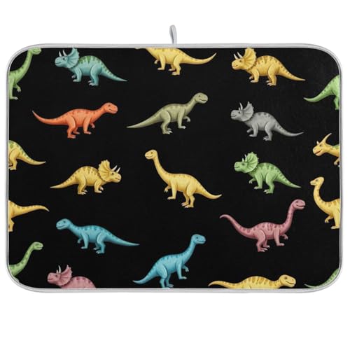 Abtropfmatte, bunte Dinosaurier, schwarze Geschirrunterlage für Küchentheke, Heimdekoration, 45,7 x 61 cm Abtropfmatte, bunte Dinosaurier, schwarze Geschirrunterlage für Küchentheke, Heimdekoration, 45,7 x 61 cm von RPLIFE