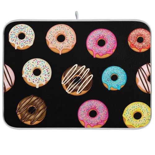 Abtropfmatte, bunte Donuts, schwarz, für Zuhause, Küche, Dekoration, 45,7 x 61 cm Abtropfmatte, bunte Donuts, schwarz, für Zuhause, Küche, Dekoration, 45,7 x 61 cm von RPLIFE