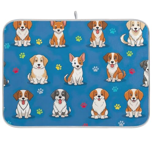 Abtropfmatte, niedliche Cartoon-Hunde, blaue Kaffee-Bar-Matte, saugfähiges Abtropfgestell, Küchenarbeitsplatte, 45,7 x 61 cm von RPLIFE