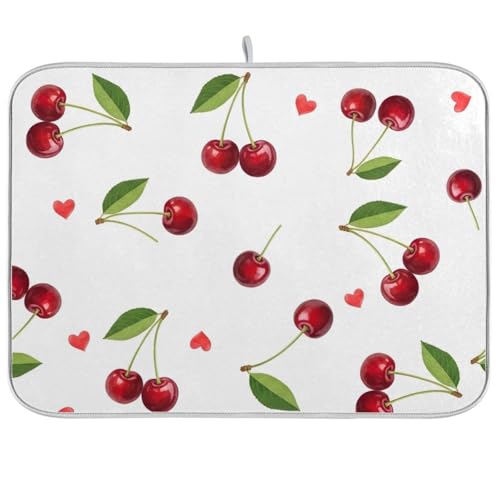 Abtropfmatte für Küchentheke, 45,7 x 61 cm, wendbar, saugfähig, groß, Motiv: rote Kirschen, grüne Blätter, weiße Geschirrmatte von RPLIFE