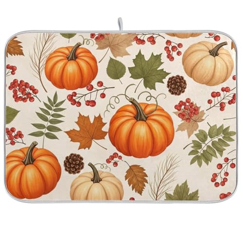Abtropfmatte für Küchentheke, Motiv: Herbstblätter, Kürbisse, cremefarben, 45,7 x 61 cm, wendbar, Kaffee-Unterlage von RPLIFE
