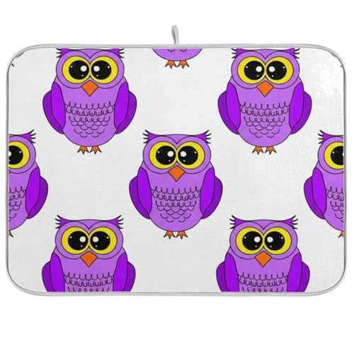 Abtropfmatte für Küchentheke, Motiv: niedliche violette Eulen, 45,7 x 61 cm, saugfähig, Kaffeebar-Matte, wendbar, großes Abtropfgestell, hitzebeständige Matte von RPLIFE