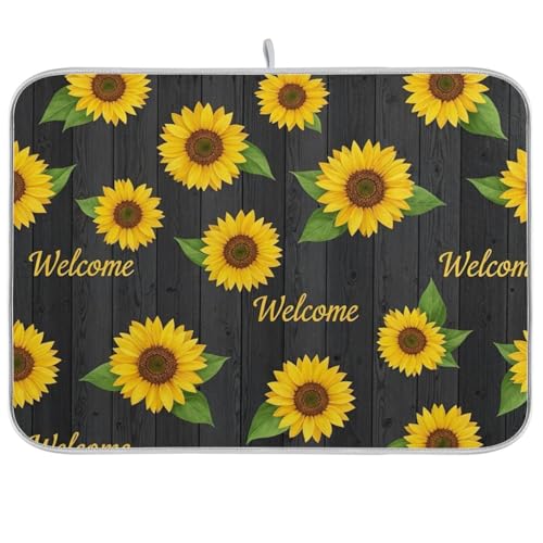 Abtropfmatten aus Holz, Motiv: Sonnenblumen, grüne Blätter, für Küchentheke, 45,7 x 61 cm, wendbar, saugfähig, großes Küchenzubehör von RPLIFE