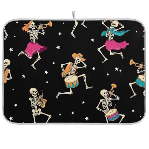 Abtropfmatten für Küchentheke, tanzende Skelette, schwarzes Geschirr-Pad für Küchentheke, Heimdekoration, 45,7 x 61 cm von RPLIFE