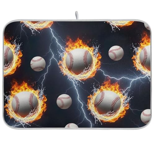 Baseballs Spritzer Wasser Flammen Geschirr Abtropfmatten für Küchentheke, 45,7 x 61 cm wendbare Abtropfmatte Küche Geschirrmatte von RPLIFE