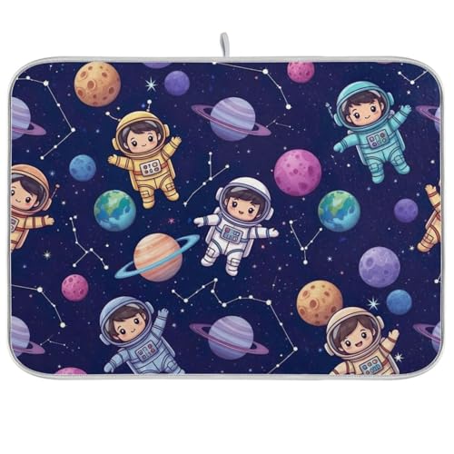 Geschirr-Abtropfmatte, Motiv: niedliche Astronauten Weltraum, 45,7 x 61 cm, saugfähig, wendbar, Küchenarbeitsplatte von RPLIFE