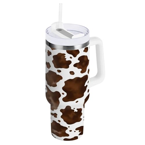 RPLIFE Becher mit Henkel und Strohhalm, 1,2 l, Braun mit weißen Punkten, 850 ml, Teebecher von RPLIFE