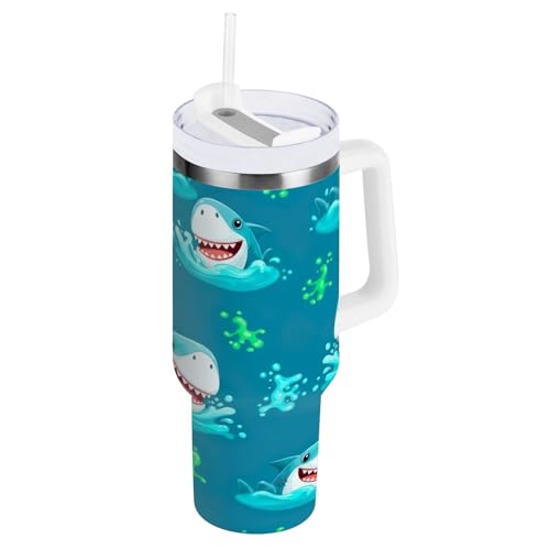 RPLIFE Cartoon Sharks Heads Becher mit Griff, Edelstahlflasche, isolierter Becher mit Strohhalm, 1,2 l von RPLIFE