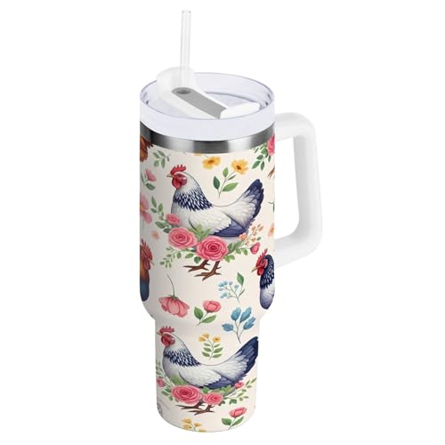 RPLIFE Colorful Chickens Hens Trinkglas, Edelstahl, mit Strohhalm, 1,2 l von RPLIFE