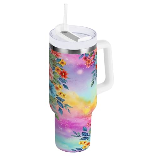 RPLIFE Flowers Leaves Becher mit Griff, Edelstahl-Kaffeetasse, isolierter Kaffeebecher mit Deckel, 1,2 l von RPLIFE