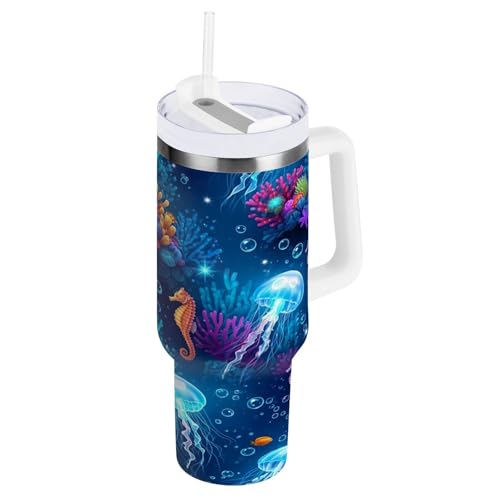 RPLIFE Glowing Jellyfish Trinkglas, Edelstahl, mit Strohhalm, Kaffeebecher, 1,2 l von RPLIFE