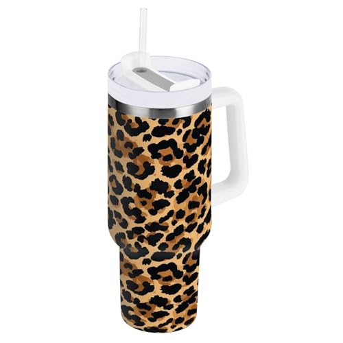 RPLIFE Leopard Spots Beige Kaffeebecher mit Griff, Edelstahlbecher, Trinkhalm-Wasserflasche von RPLIFE