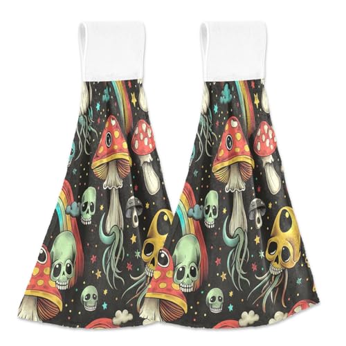 RPLIFE Psychedelic Skulls Mushrooms Black Hanging Loop Hand Towel Set of 2, Absorbent Soft Quick Drying Towel for Kids, 18.2 x 14 Inch von RPLIFE