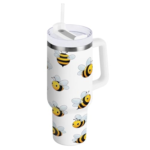RPLIFE Trinkbecher mit Griff und Strohhalm, Motiv: niedliche Cartoon-Bienen, weiß, 1,2 l, Edelstahlflasche, isolierte Becher mit Griffen von RPLIFE