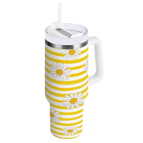 RPLIFE Weißes Gänseblümchen gelb gestreift 1,2 l Becher mit Griff, 850 ml Becher mit Griff, Becher für Damen von RPLIFE
