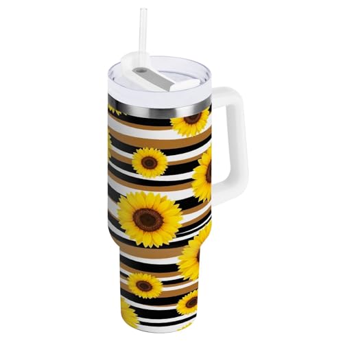 RPLIFE Yellow Sunflowers Brown Trinkbecher mit Griff und Strohhalm, Edelstahlbecher mit Strohhalm, Kaffeebecher, 1,2 l von RPLIFE