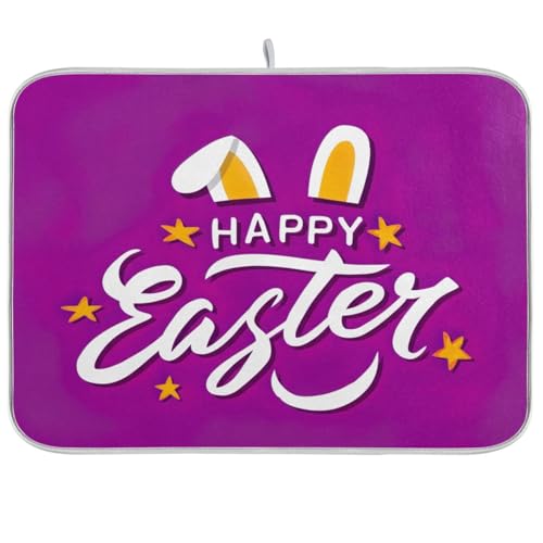 Text: Happy Easter Hasenohren, violette Matte für Geschirr, 45,7 x 61 cm, waschbare Abtropfmatte von RPLIFE