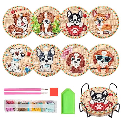 RQPYQF 8 Stück Painting Untersetzer mit Halter, Diamant Dekorative Hölzern Untersetzer, Art Painting Untersetzer Erwachsene, DIY Cartoon Hund Untersetzer zum Basteln von RQPYQF