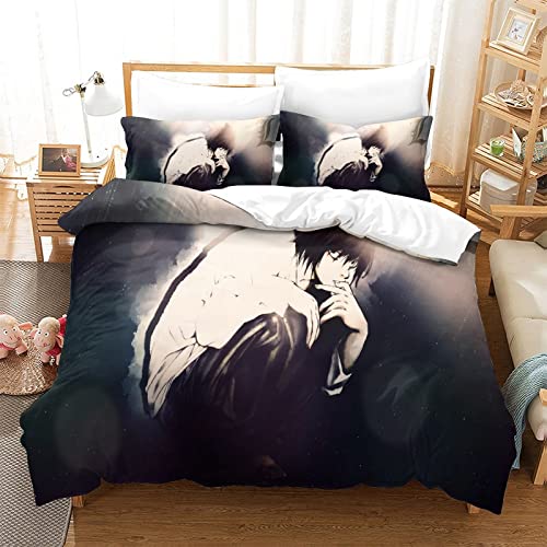 3D-bedrucktes Bettwäsche-Set mit Death Note und 2 Kissenbezügen, mit Reißverschluss, Mikrofaser, Bettbezug-Set für Einzelbett (135 x 200 cm) von RQWEIN