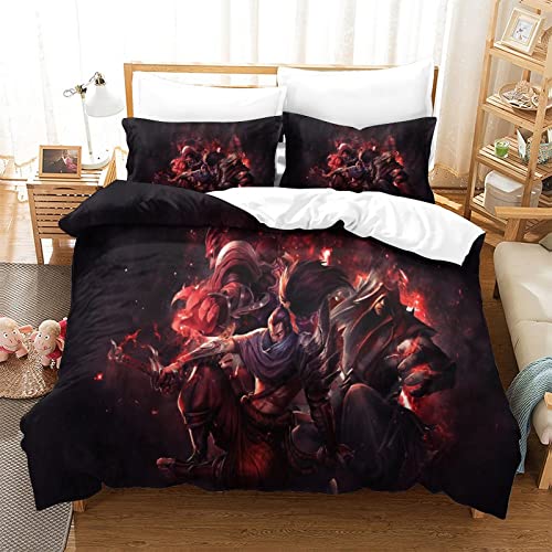 Yasuo League of Legends 3D-Bettbezug-Set, 3-teilig, ultraweiche Mikrofaser-Bettwäsche-Sets mit Kissenbezügen, Bettbezug, Damen und Herren, Einzelbett (135 x 200 cm) von RQWEIN