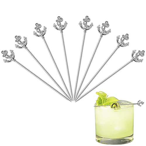 RRRuo Anker Cocktail Picks Wiederverwendbare Edelstahl Cocktail für Vorspeisen Oliven Sandwiches Kirschen Garnieren Gabeln Obstspieße Zahnstocher 8 Stück (Silber) von RR-RUOSHUI