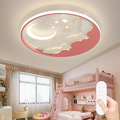 Kinderzimmerlampe LED Dimmbar Deckenleuchte Modern Stern Mond Deckenlampe Dimmbar mit Fernbedienung Deckenlicht für Junge Mädchen Schlafzimmer Kindergarten Wohnzimmer Deko Decke Lampe (Pink,50CM) von RRBEST