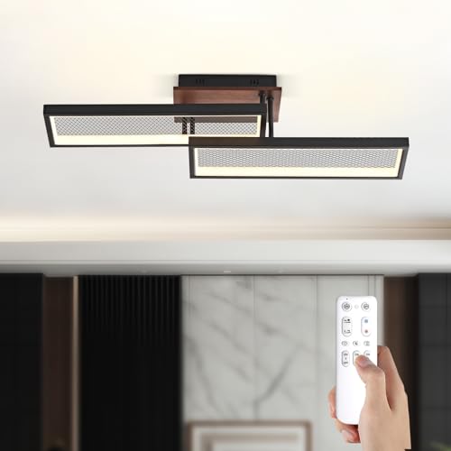LED Deckenlampe Wohnzimmer Holz Deckenleuchte, 36W/66cm Dimmbar Modern Wohnzimmerlampe mit Fernbedienung, 3000K-6000K, Schwarz Modern Design Rechteckig Schlafzimmerlampe für Esszimmer Arbeitszimmer von RRBEST