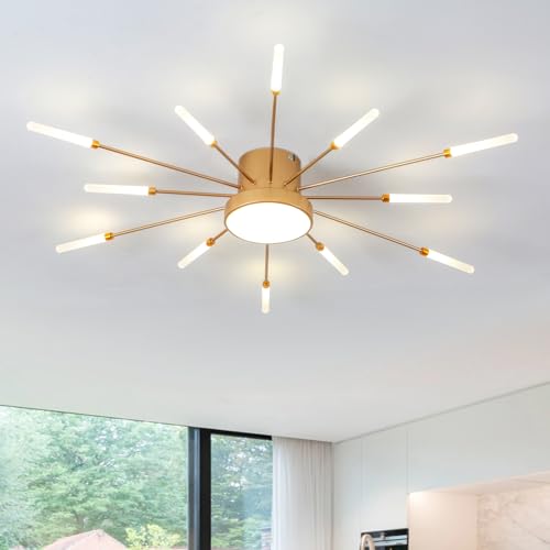 RRBEST LED Deckenleuchte Wohnzimmer,Wohnzimmerlampe Moderne Minimalistische Deckenlampe Innen Dekorative Deckenbeleuchtung für Wohnzimmer, Schlafzimmer und Büro(12+1 Köpfe, Gold) von RRBEST