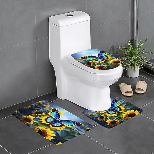 RRKDOY 3-teiliges Badezimmerteppich-Set mit Sonnenblumen-Blauem Schmetterlings-Druck, rutschfest, leicht zu reinigen und zu pflegen, feuchtigkeitsblockierend und langlebig von RRKDOY