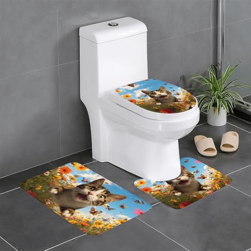 RRKDOY 3-teiliges Badezimmerteppich-Set mit springender Katze, rutschfest, leicht zu reinigen und zu pflegen, feuchtigkeitsblockierend und langlebig von RRKDOY