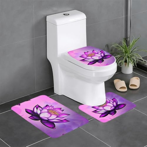 RRKDOY 3-teiliges Badezimmerteppich-Set mit violettem Lotusdruck, rutschfest, leicht zu reinigen und zu pflegen, feuchtigkeitsblockierend und langlebig von RRKDOY