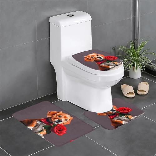 RRKDOY Gentleman-Like Dog Printing 3-teiliges Badezimmerteppich-Set, rutschfest, leicht zu reinigen und zu pflegen, feuchtigkeitsblockierend und langlebig von RRKDOY
