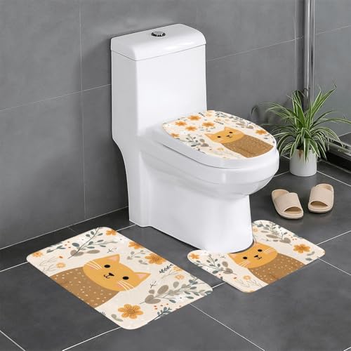 RRKDOY Happy Cat Printing 3-teiliges Badezimmerteppich-Set, rutschfest, leicht zu reinigen und zu pflegen, feuchtigkeitsblockierend und langlebig von RRKDOY