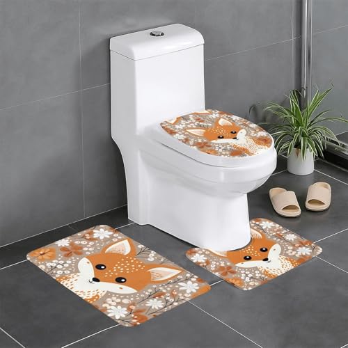 RRKDOY Happy Fox Printing 3-teiliges Badezimmerteppich-Set, rutschfest, leicht zu reinigen und zu pflegen, feuchtigkeitsblockierend und langlebig von RRKDOY
