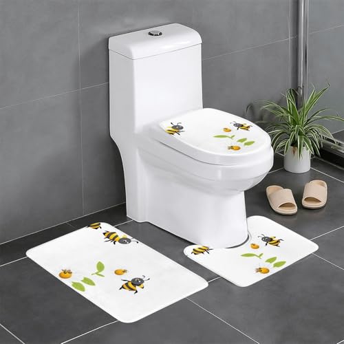RRKDOY Little Bees in The Flowers Printing 3-teiliges Badezimmerteppich-Set, rutschfest, leicht zu reinigen und zu pflegen, feuchtigkeitsblockierend und langlebig von RRKDOY