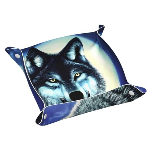 Rrkdoy Wolf Under Moon bedrucktes Leder-Ablagetablett, mittlere Qualität, PVC, doppelseitiges Ledertablett für bequeme Aufbewahrung und Organisation von RRKDOY