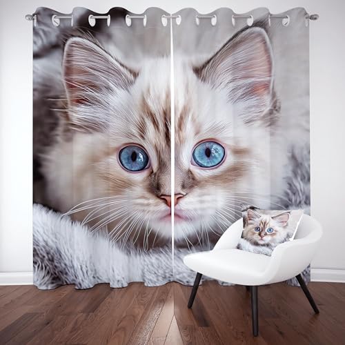 RRUxiia 3D Digitaldruck Tierkatze Vorhang mit Ösen Blickdicht, Niedlich Kitty Verdunklungsvorhänge 2er Set, Mädchen Jungen Gardinen Schlafzimmer Schallschutz Kälteschutz 137x117 cm von RRUxiia