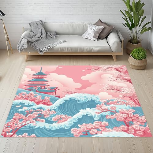 RRUxiia Fußmatte Outdoor 50x80cm Japan Wellen Architektur Kleiner Teppich rutschfest Blumen Anlage Teppich Waschbarer Weich Anti Rutsch Für Badezimmer Innen Und Außentüren Eingang von RRUxiia