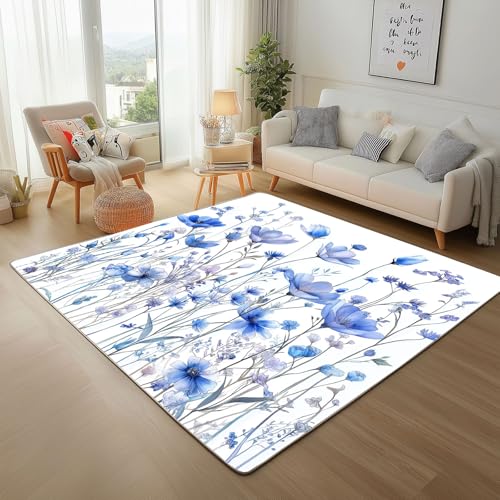 RRUxiia Kleiner Teppich Weich 60x90cm Blau Blumen Anlage Blatt Fußmatte Outdoor Blumenmuster Pflanzendrucke Teppich Waschbarer Anti Rutsch Matte Für Badezimmer Innen Und Außentüren Eingang von RRUxiia