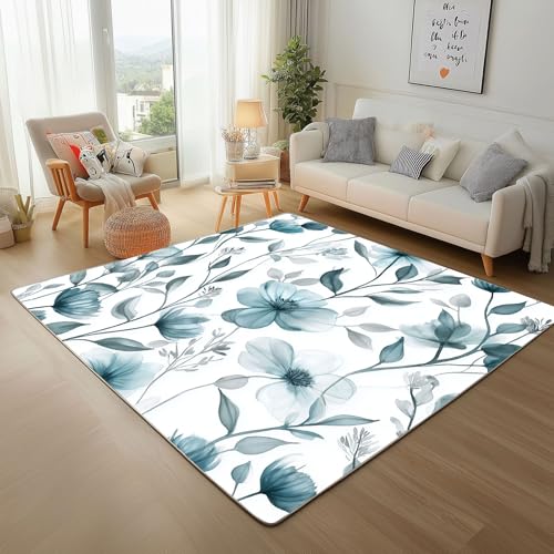 RRUxiia Kleiner Teppich Weich 60x90cm Blau Blumen Anlage Blatt Fußmatte Outdoor Blumenmuster Pflanzendrucke Teppich Waschbarer Anti Rutsch Matte Für Badezimmer Innen Und Außentüren Eingang von RRUxiia