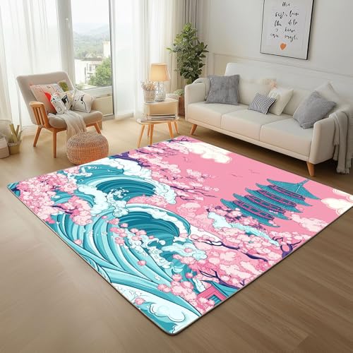 RRUxiia Kleiner Teppich Weich 60x90cm Blumen Wellen Filialen Fußmatte Outdoor Japan Turm Architektur Teppich Waschbarer Anti Rutsch Matte Für Badezimmer Innen Und Außentüren Eingang von RRUxiia