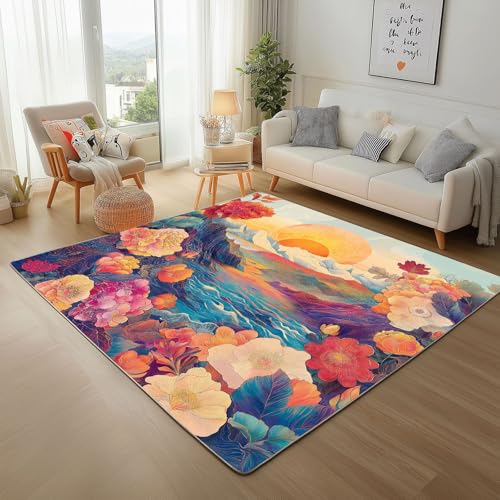 RRUxiia Kleiner Teppich Weich 60x90cm Farbe Landschaftsmalerei Fußmatte Outdoor Sonne Blumen Fluss Berg Teppich Waschbarer Anti Rutsch Matte Für Badezimmer Innen Und Außentüren Eingang von RRUxiia