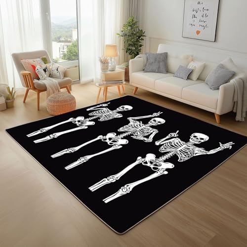 RRUxiia Kleiner Teppich Weich 60x90cm Furcht Skeleton Fußmatte Outdoor Halloween Gotisch Schwarz Weiß Teppich Waschbarer Anti Rutsch Matte Für Badezimmer Innen Und Außentüren Eingang von RRUxiia