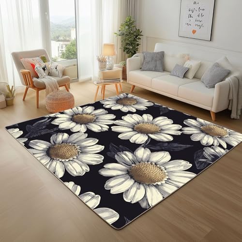 RRUxiia Kleiner Teppich Weich 60x90cm Gänseblümchen Blumen Fußmatte Outdoor Handgezeichnet Blumenmuster Teppich Waschbarer Anti Rutsch Matte Für Badezimmer Innen Und Außentüren Eingang von RRUxiia