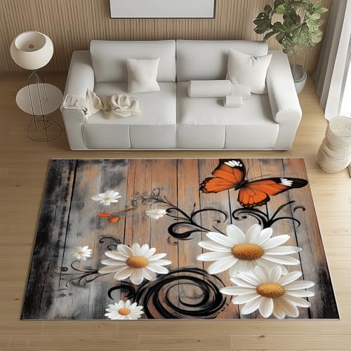 RRUxiia Kleiner Teppich Weich 60x90cm Gänseblümchen Blumen Fußmatte Outdoor Schmetterling Planke Teppich Waschbarer Anti Rutsch Matte Für Badezimmer Innen Und Außentüren Eingang von RRUxiia