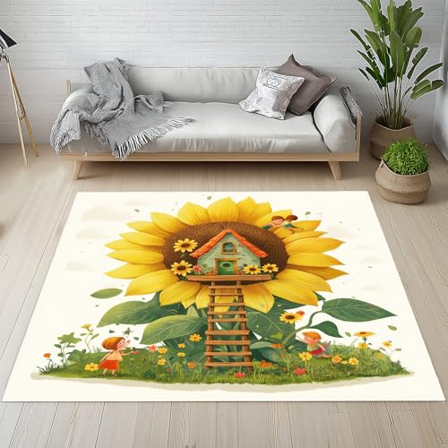 RRUxiia Kleiner Teppich Weich 60x90cm Karikatur Haus Sonnenblume Fußmatte Outdoor Blumen Anlage Teppich Waschbarer Anti Rutsch Matte Für Badezimmer Innen Und Außentüren Eingang von RRUxiia